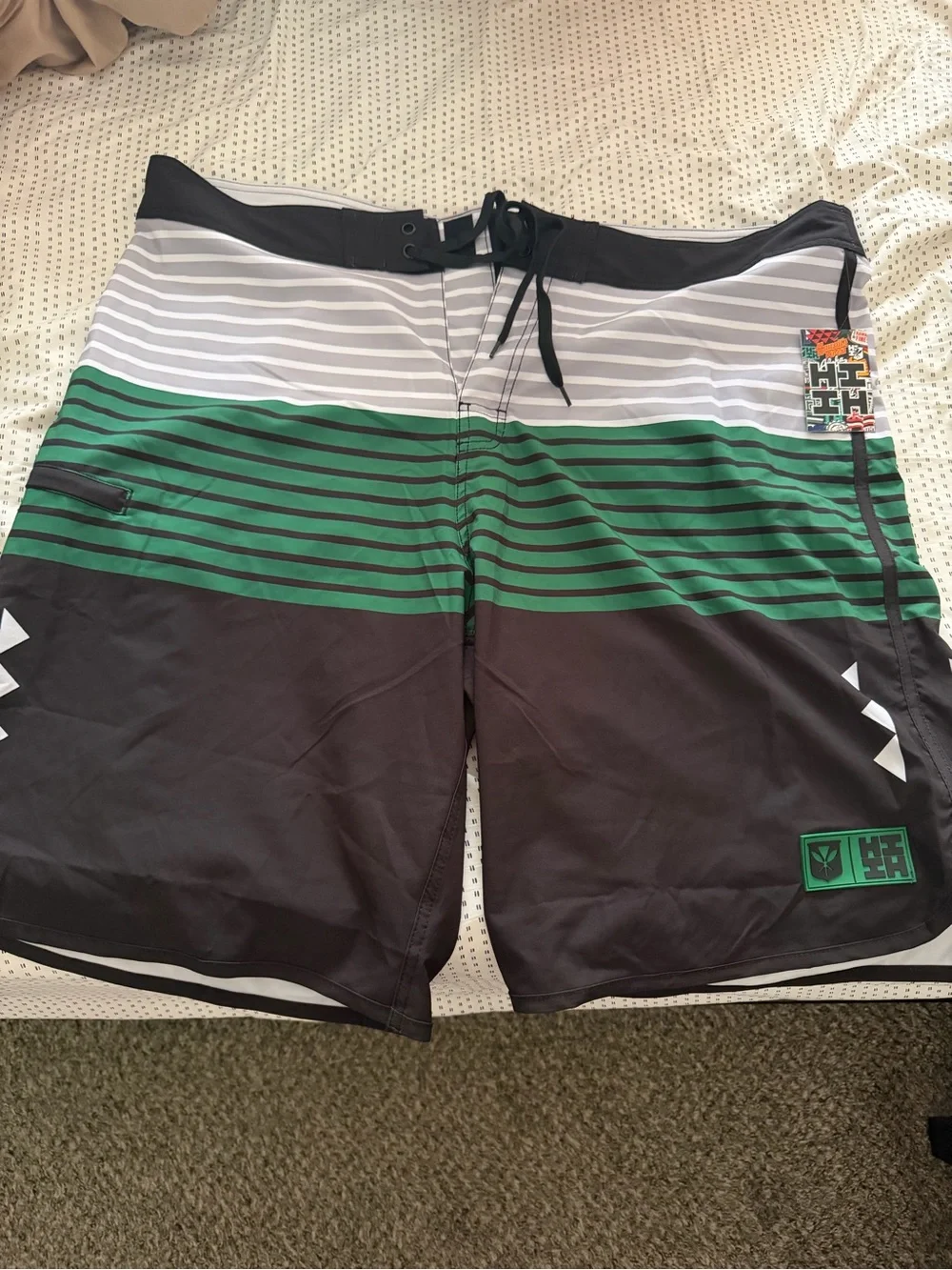 Hawaii's Finest Green, Black & White Striped Swim Board Shorts